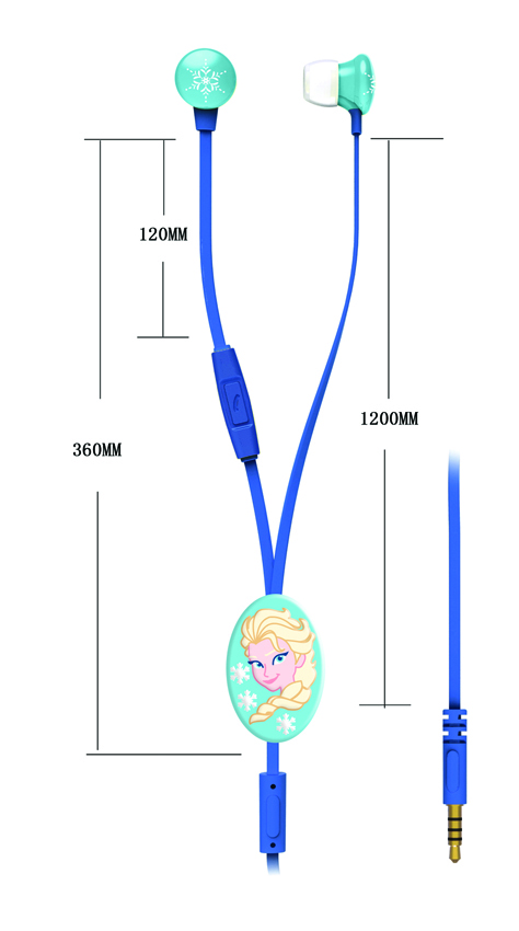 Blue stereo earphones featuring a 3D cable holder with a design of Elsa from Disney's Frozen, translucent green ear tips, and a built-in microphone.