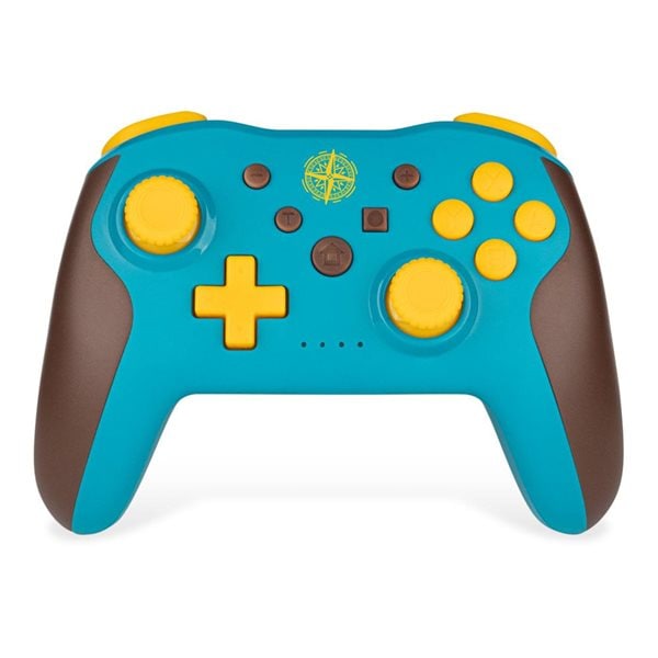 Turquoise wireless controller with yellow buttons and accents, featuring dual analog sticks, a directional pad, and a compass logo, designed for Nintendo Switch.