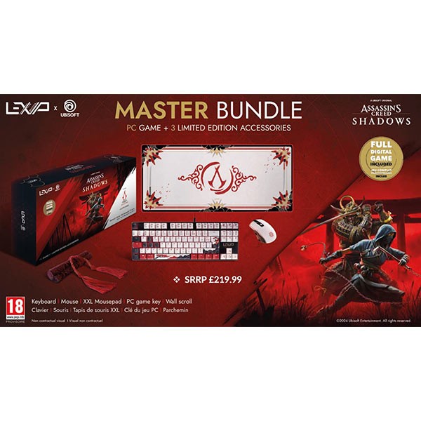Lexip X Ubisoft Assassin's Creed: Shadows Master Bundle featuring a keyboard, mouse, and XXL mousepad with a vibrant design, all in a sleek black and red color scheme.