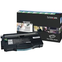 Black Lexmark 12016SE toner cartridge with rectangular shape and branded packaging featuring colorful images.