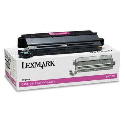 Lexmark 12N0769 original magenta toner cartridge in a black and grey casing, displayed on a white box with pink accents and product details.