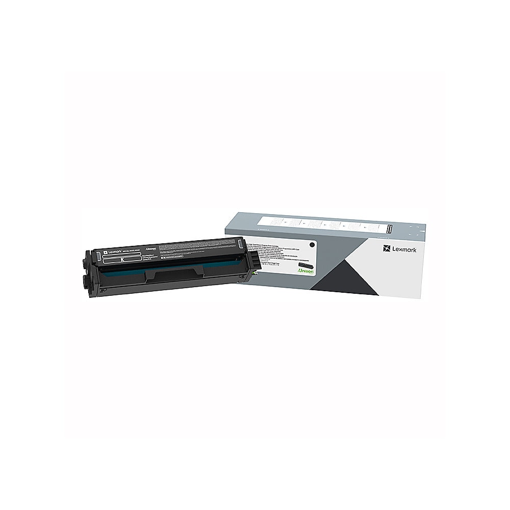 Black high yield toner cartridge with a sleek design, accompanied by a grey and white box featuring Lexmark branding and product details.