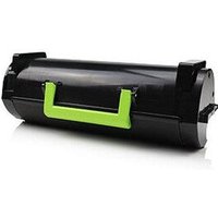Black Lexmark toner cartridge with a bright green handle, cylindrical design, and sturdy end caps.