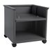 Black adjustable stand with dimensions 23"H x 23.50"W x 23.50"D, featuring two open shelves and rolling casters for easy mobility.