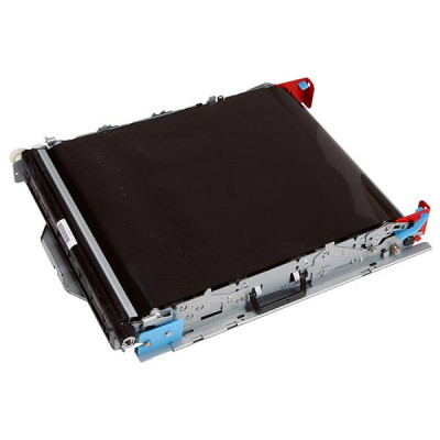 Black transfer belt with a metallic frame, featuring red and blue plastic accents, designed for Lexmark CS 820/CX 820 printers.