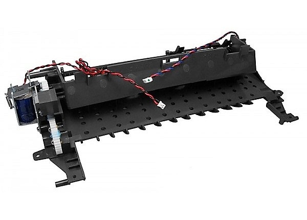 Black plastic printer/scanner drive gear with attached wires and motor components, featuring a perforated base for mounting and a compact design for easy installation.