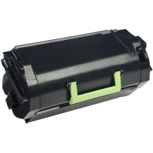 Black toner cartridge with a sleek design, featuring a bright green handle for easy installation, labeled "Lexmark 520XA" for extra-high yield printing.