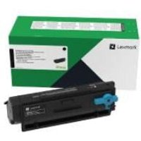 Lexmark 55B2X0E black toner cartridge with green and white packaging, blue handle accent.