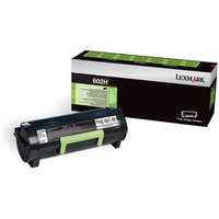 Black Lexmark 602H toner cartridge with green accents, next to branded box with green and black design.