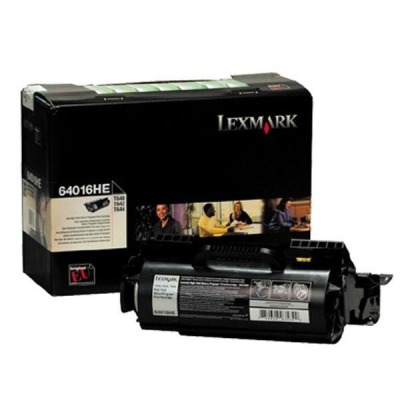Black toner cartridge with a high yield design, packaged in a black box featuring the Lexmark logo and product details, ideal for T640 printers.