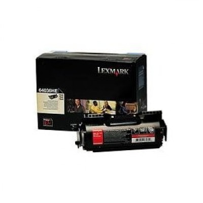 Black toner cartridge with a glossy finish, labeled "Lexmark 0064036HE," alongside a black box featuring the Lexmark logo and product details.