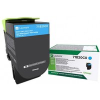 Lexmark 71B20C0 toner cartridge in cyan, black casing with blue label, next to matching branded box.