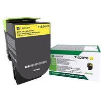 Lexmark 71B20Y0 yellow toner cartridge with black casing and green accents, next to branded packaging box.