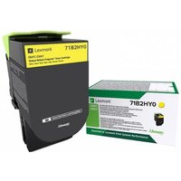 Lexmark 71B2HY0 yellow toner cartridge, black casing, green accents, with branded packaging box.