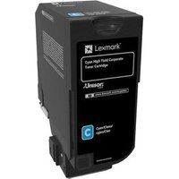 Black Lexmark toner cartridge with cyan label, rectangular shape, and branded logo on the front.
