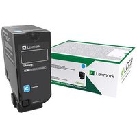 Lexmark 75B20C0 toner cartridge, cyan, rectangular black casing with label, next to branded packaging box.