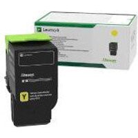 Lexmark 78C20Y0 yellow toner cartridge, black with green accents, box in background.