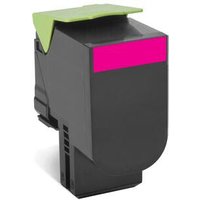 Black Lexmark toner cartridge with magenta label and green top flap, rectangular shape.
