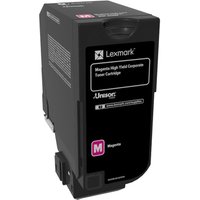 Black Lexmark toner cartridge with magenta label, high yield, rectangular shape, and return program branding.