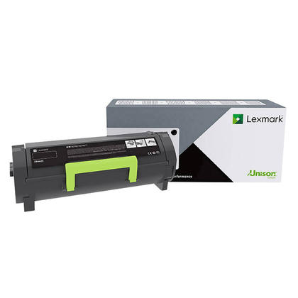 Black toner cartridge with a green handle, featuring a sleek design and clear labeling, accompanied by a gray and white box with the Lexmark logo.