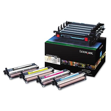 Original Lexmark C540X74G Imaging Kit featuring four toner cartridges in black, cyan, magenta, and yellow, alongside a black box with colorful branding.