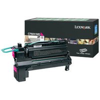 Lexmark C792X1MG magenta toner cartridge, black casing with pink accents, beside branded packaging box.