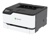 Lexmark CS431dw printer in white and gray, featuring a control panel on top, a paper tray at the front, and compact design for A4 printing with Wi-Fi capability.