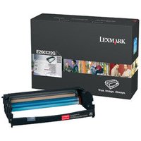 Lexmark E260X22G imaging unit, black casing, blue drum, 30000 pages, with branded packaging box in background.