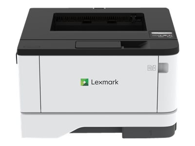 Lexmark MS431dn mono laser printer in black and white with a sleek design, featuring a control panel on top and a paper tray at the front, capable of 600 x 600 DPI printing.