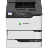 Lexmark MS823dn printer, white and black, with control panel, LCD screen, and paper tray.