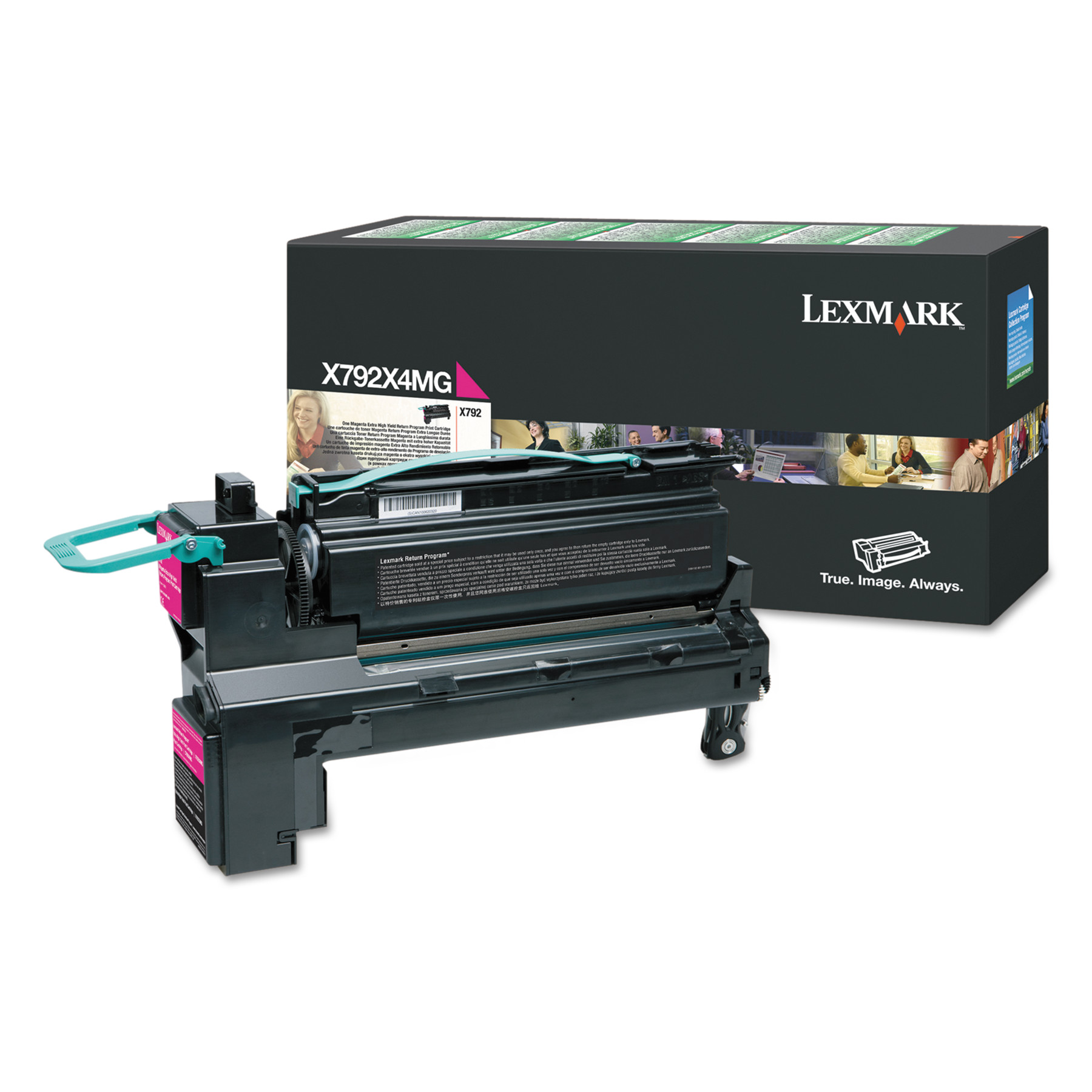 Magenta toner cartridge with a green handle, featuring a black casing and labeled "Lexmark X792X4MG," accompanied by a colorful box displaying product information.