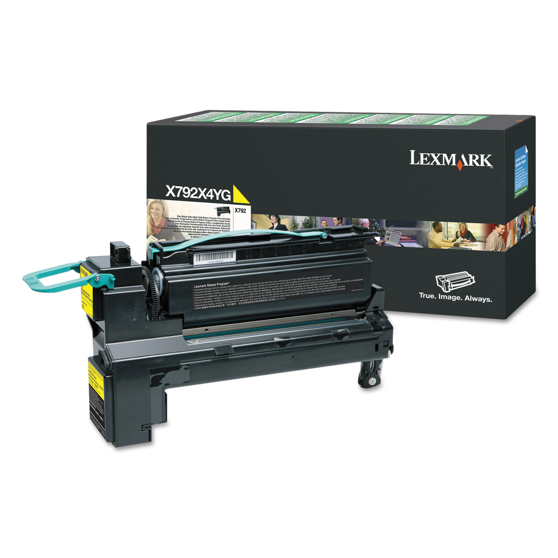 Yellow toner cartridge with a green handle, labeled "Lexmark X792X4YG," alongside a black box featuring product information and images.