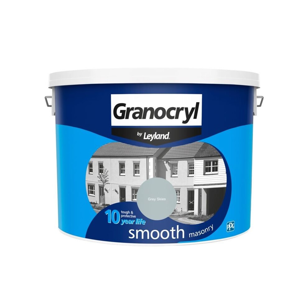 Granocryl Smooth Masonry paint in a 10L tub, featuring a blue and white design, labeled "Grey Skies," with a visual of two houses on the front.