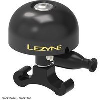 Black Lezyne Classic Brass Bell with a dome shape, silver top button, and adjustable handlebar mount.