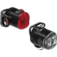 Black Lezyne Femto Drive USB-C lightset with red and white LED lights, compact cylindrical design, and rubber mounting straps.