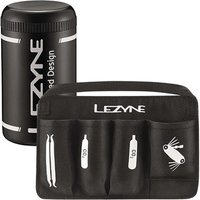 Black Lezyne Flow Caddy with white logo, cylindrical shape, and matching tool organizer with pockets.