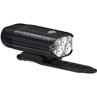 Black Lezyne React Drive 1200 front bike light with three LED bulbs and ribbed casing, mounted on a rubber strap.