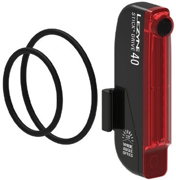 Lezyne Stick+ Drive Taillight features a sleek black body with a bright red LED light, includes two black rubber mounting rings for easy attachment, and has a wide-angle optics design.