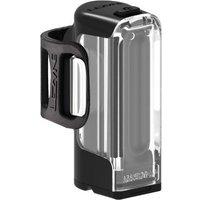 Black and clear Lezyne Strip Drive Front Light with a sleek rectangular design and side mounting bracket.