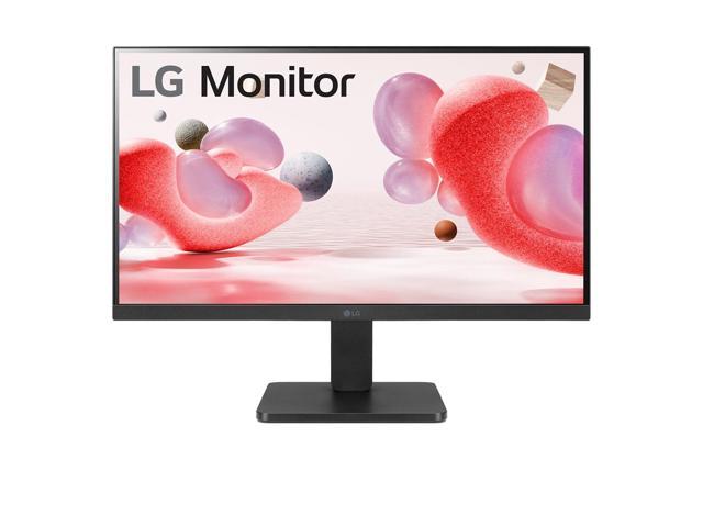 LG 22MR410-B computer monitor features a sleek black design, 21.4-inch Full HD display with 1920 x 1080 resolution, and a modern stand, showcasing colorful abstract graphics on screen.