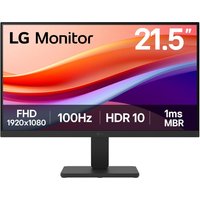 Black LG 22U401A-B monitor, 21.5" Full HD LED, slim bezels, rectangular base, vibrant display with red and purple graphics.