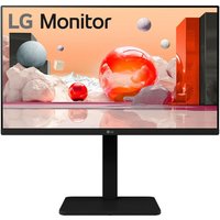 Black LG 24BA550-B monitor, 23.8" Full HD LCD, slim bezel, on a rectangular stand displaying colorful abstract graphics.