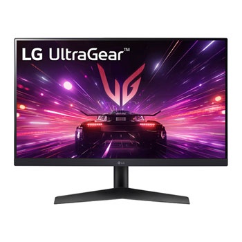 LG UltraGear 24GS60F-B LED monitor features a sleek black design, 24-inch Full HD display, HDR support, and a vibrant gaming-themed background with dynamic colors.