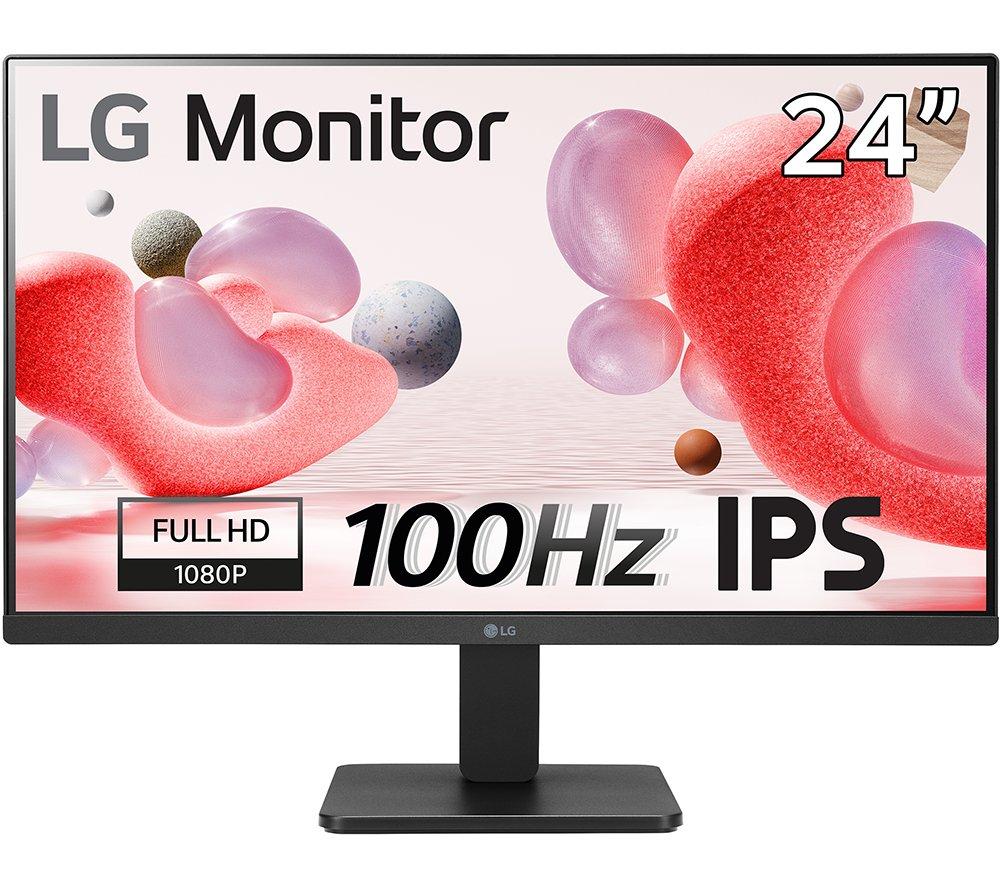 LG 24MR400-B monitor features a 23.8-inch Full HD display with a sleek black frame, 100Hz refresh rate, and IPS technology, showcasing vibrant colors and clear visuals.