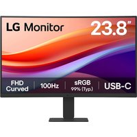 Black LG 24U421A-B monitor, 23.8" screen, 1920x1080 resolution, slim bezels, USB-C port, curved design.