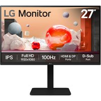 Black LG 27-inch monitor with thin bezels, IPS display, Full HD resolution, 100Hz refresh rate, HDMI and DisplayPort inputs.