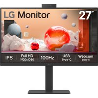 LG 27-inch monitor, black frame, 1920x1080 resolution, built-in webcam, USB Type-C, IPS display, 100Hz refresh rate.