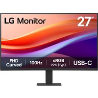 LG 27" FHD monitor with thin bezels, curved screen, black stand, featuring USB-C, 100Hz, and sRGB 99% display.