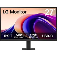 LG 27" monitor with slim black bezel, QHD 2560x1440 resolution, IPS display, sRGB 99%, USB-C connectivity.