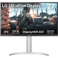 White LG 27-inch 4K Ultra HD monitor with slim bezels, curved stand, and vibrant display showing a video game scene.